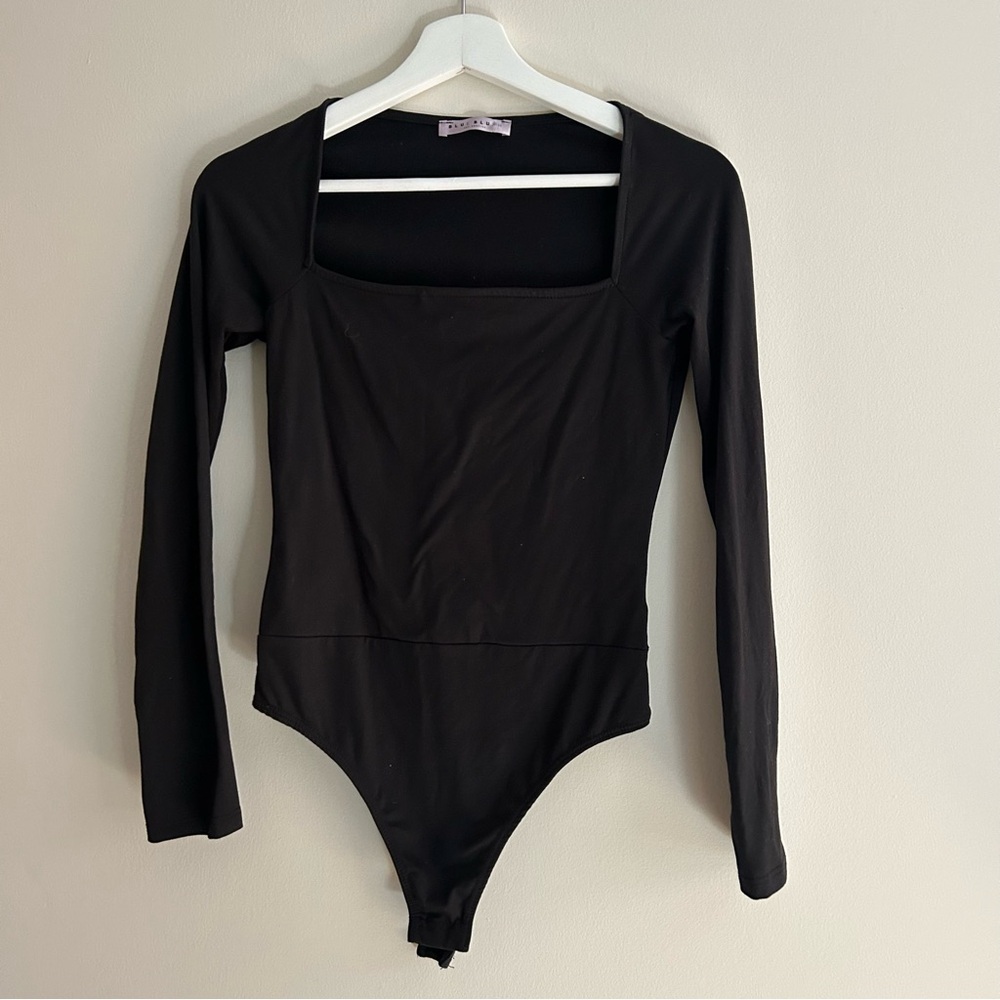 Black Bodysuit Square Neck Long Sleeve Blue Blush Size Small Fitted Classic